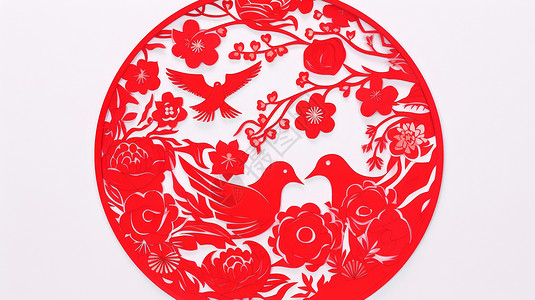 小鸟与梅花红色喜庆卡通剪纸风图案高清图片