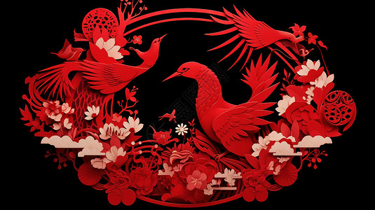 卡通剪纸鸟黑色背景上红色的扁平风卡通剪纸与花朵图案插画