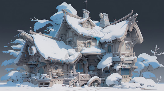被雪覆盖的漂亮卡通小木屋背景图片