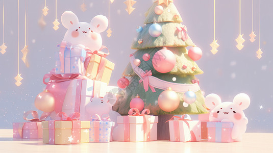 圣诞节高大的圣诞树下很多卡通礼物盒背景图片