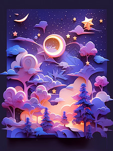 星空紫梦幻紫色调森林星空与月亮剪纸风卡通插画插画
