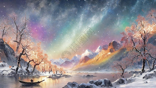 沙漠中星星暴风雪中星星闪烁的极光插画