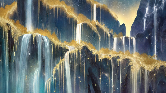 群山中梦幻的荧光瀑布背景图片