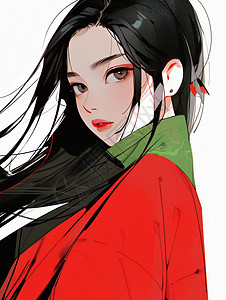 穿红色外套的黑色长发卡通年轻女孩背景图片