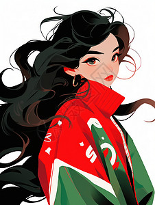 穿红色毛衣时尚长卷发卡通年轻女孩背景图片