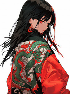 时尚的黑色长发卡通女孩穿中国龙国风时尚外套图片