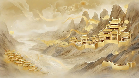 闪闪发光素材金色的敦煌古城和沙漠插画