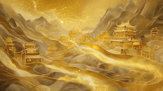 闪闪发光素材金色的沙漠古城壁画插画