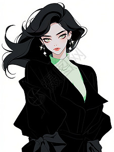 穿黑色外套时尚精致的长发卡通女孩插画