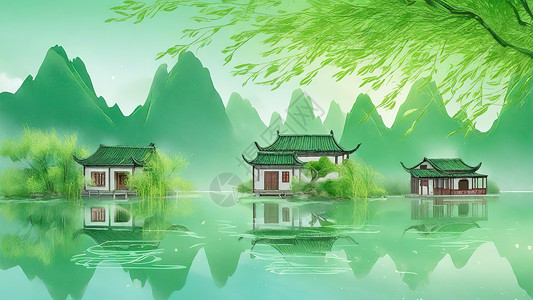 淡绿色柳树下的三间小木屋背景图片