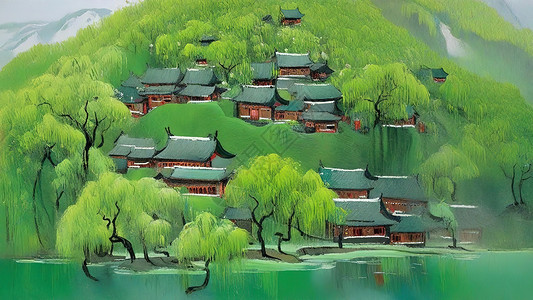 展示间湖泊旁淡绿色柳树间的小木屋插画