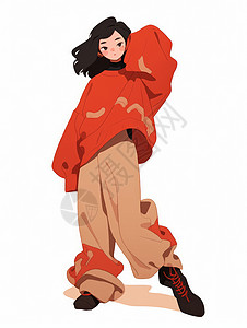 穿红色毛衣的女性手捧礼物盒穿宽大服装的长发卡通女孩插画