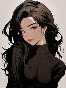 穿黑色毛衣涂红唇的时尚漂亮的卡通女人背景图片