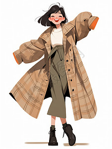 卡其色大衣秋天穿时尚大格子外套的卡通女孩插画