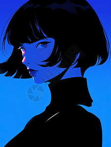 黑色短发蓝色调时尚的卡通女人背景图片