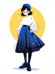 秋装男装穿白色卫衣蓝色半身裙的时尚卡通女孩插画