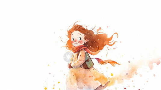 水彩人物画秋天背着小包面带微笑的可爱卡通小女孩插画