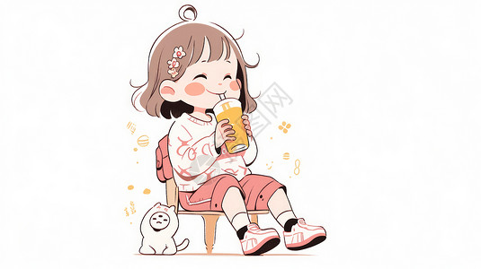 板凳背景坐在小板凳上喝橙汁开心笑的卡通小女孩插画