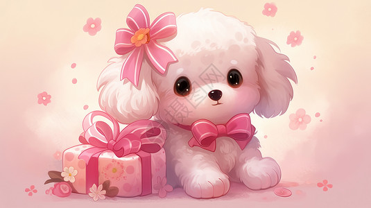 在礼物盒旁可爱的卡通小狗图片