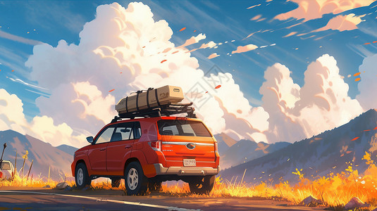 蓝天白云下停在路边的红色卡通汽车背景图片