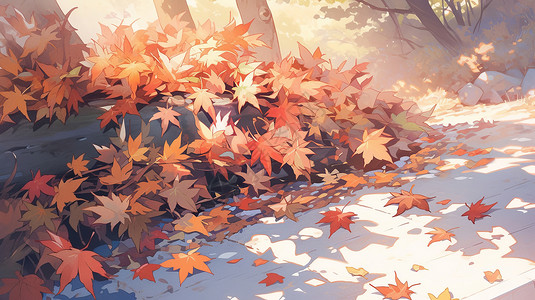 秋天满地落叶的森林卡通小路图片