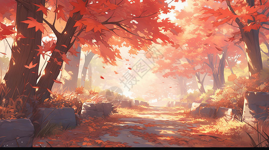 唯美橙色卡通森林中满满的落叶插画