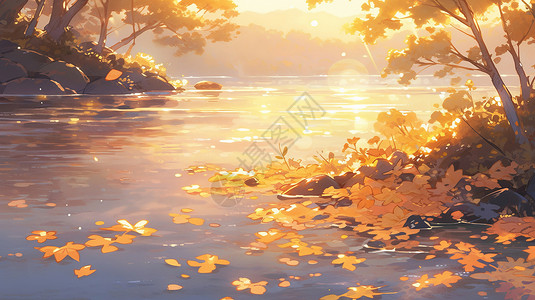 秋天傍晚金黄色的卡通落叶落在湖面上背景图片