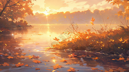 夕阳湖面秋天唯美金黄色的卡通夕阳风景与落叶插画
