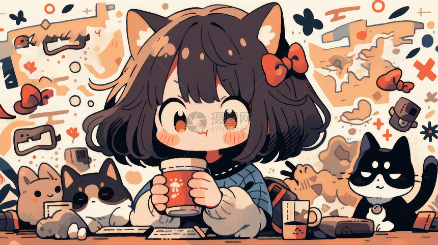 在桌子上喝奶茶的可爱卡通小女孩与卡通小猫们图片