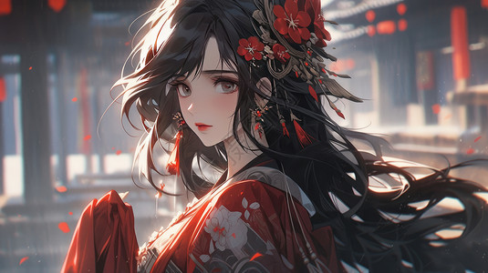 头戴红色花朵穿着喜庆的卡通古风人物图片