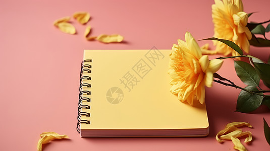 桌子上的笔记本在粉色桌子上的一个本子与黄色花朵插画