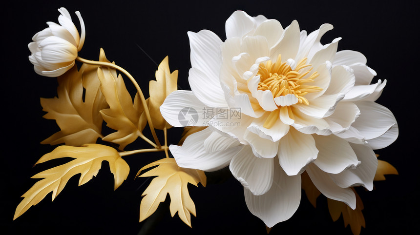 金色叶子漂亮大朵的白色菊花图片
