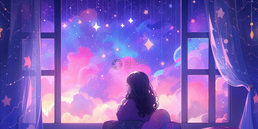 看着梦幻紫色窗外风景的卡通女孩背影图片