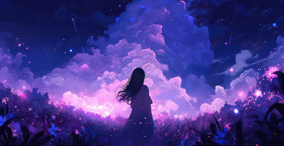 看向森林深处发光紫色云朵的长发卡通家女孩背影高清图片