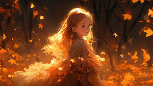 秋天傍晚在森林落叶中的可爱卡通小公主图片