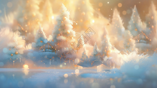 傍晚梦幻唯美的圣诞树卡通森林背景图片