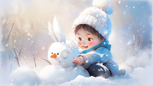 蓝色帽子雪人戴着蓝色帽子在大雪中堆的可爱卡通小朋友插画