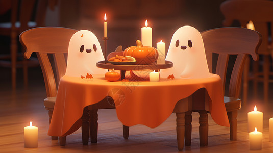 万圣节两个可爱的卡通幽灵在共进晚餐图片
