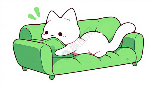 趴绿色沙发上抱着抱枕的可爱卡通小白猫图片