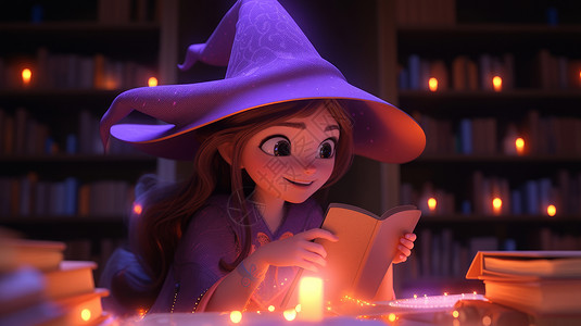 戴紫色帽子开心看书的可爱卡通小女巫背景图片