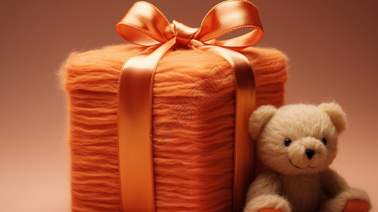 毛绒熊礼物可爱的毛绒玩具熊与橙色毛茸茸的礼物盒插画