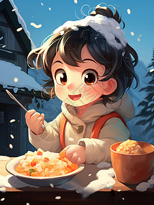 头上落雪开心吃东西的卡通小女孩背景图片