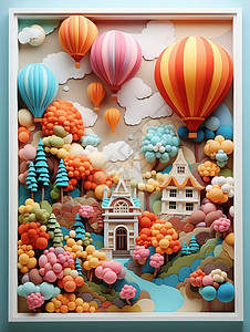 彩色气球房子可爱的卡通森林中两座小小的房子天空飞着很多热气球卡通装饰画插画