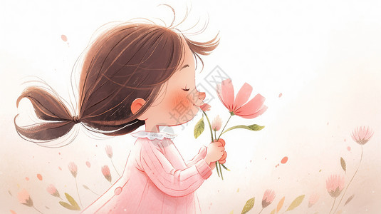 穿粉色裙子闻着花朵的可爱卡通小女孩图片