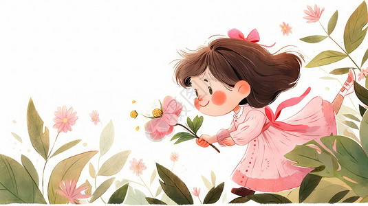 手拿花朵穿粉色裙子开心奔跑的卡通小女孩图片