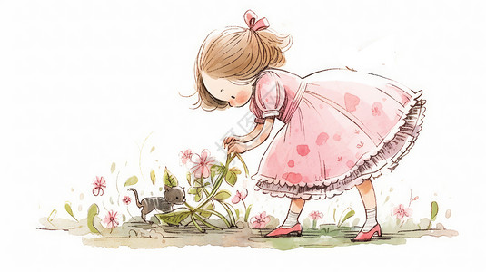 弯腰女孩穿粉色长裙弯腰采花的可爱卡通小女孩插画