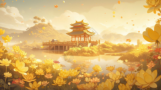 秋天傍晚湖边开满黄色花朵图片