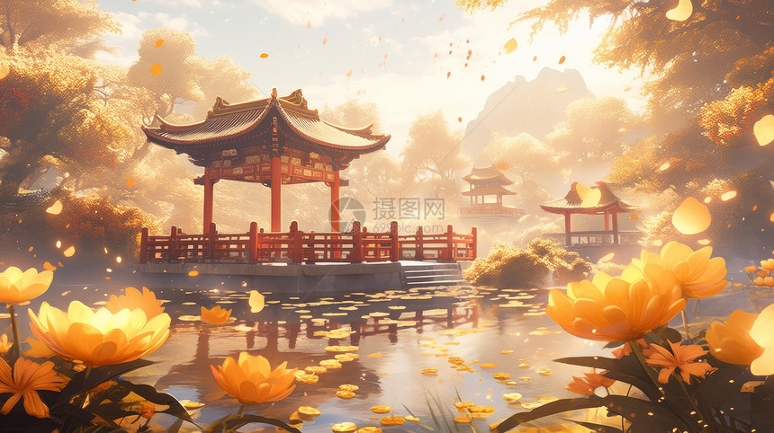 秋天很多唯美花朵湖中心一座卡通古亭子图片