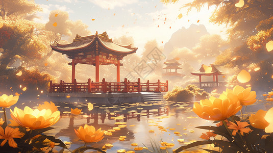 秋天很多唯美花朵湖中心一座卡通古亭子背景图片