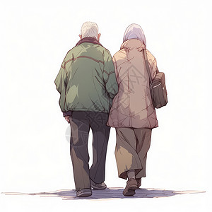 老年奶奶背影手挽着手一起走路的卡通老爷爷老奶奶背影插画